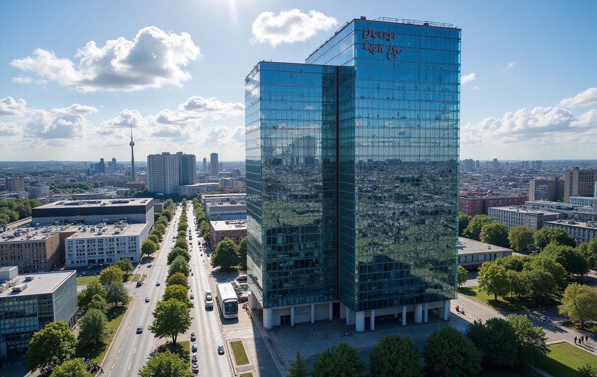 Luftaufnahme des Potsdamer Platzes in Berlin, mit dem Bürogebäude der Deutschen Bahn im Fokus.